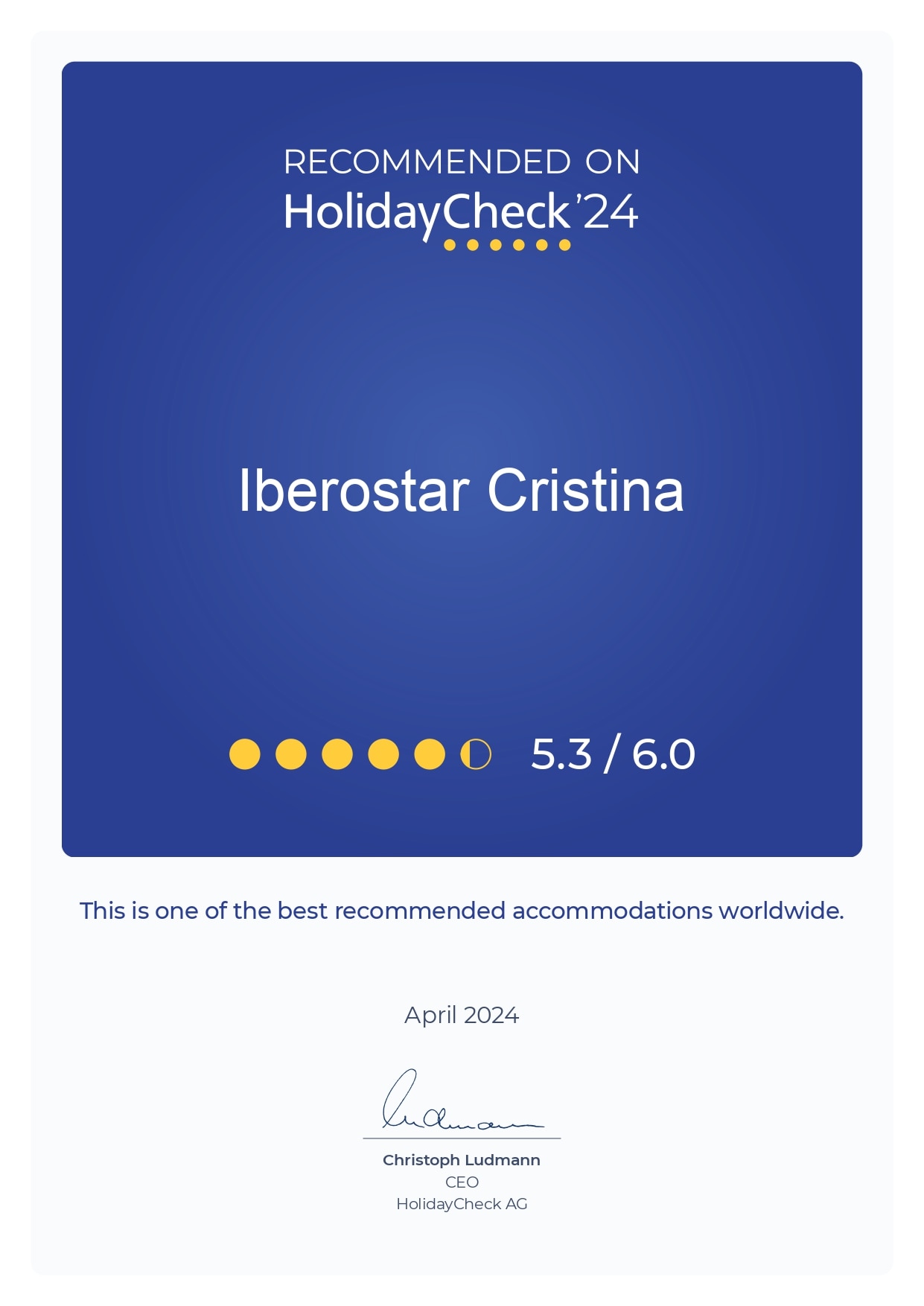 HolidayCheck 2024 recommendation for Iberostar Cristina