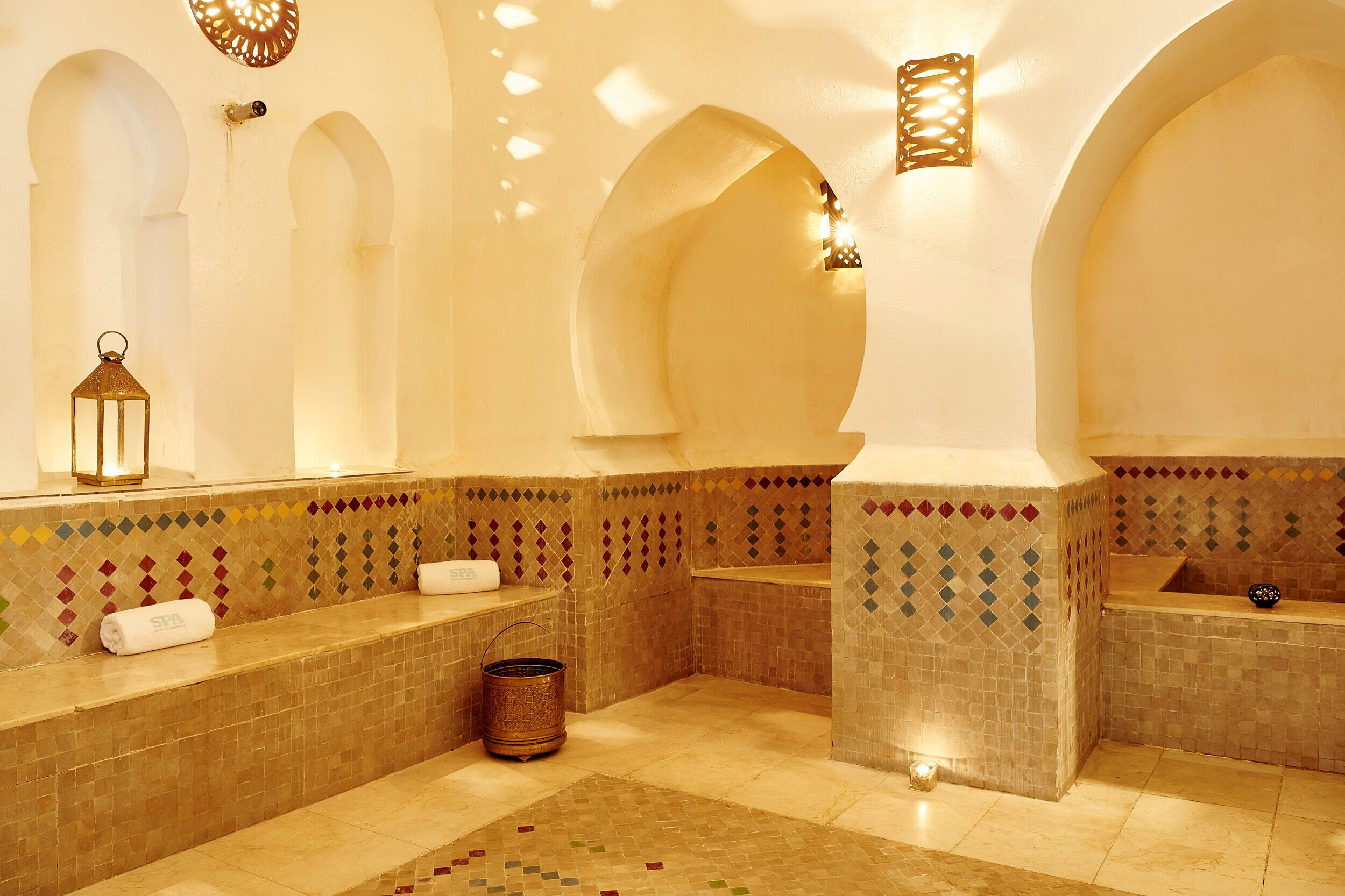 Traditional Moroccan Hammam Interior With Tiled Benches